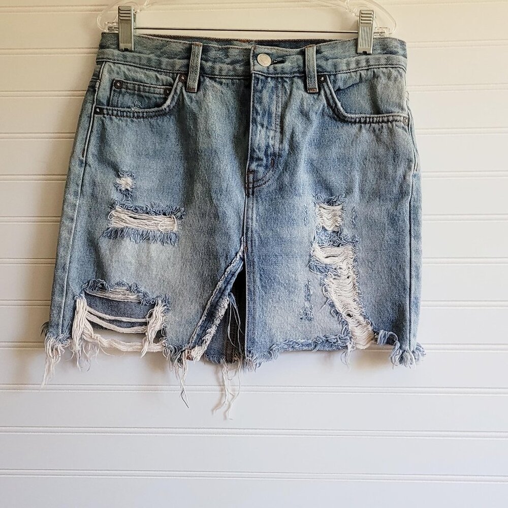 Free People We the Free Jean Skirt Size 24  FP Destroyed Ripped Raw Hem